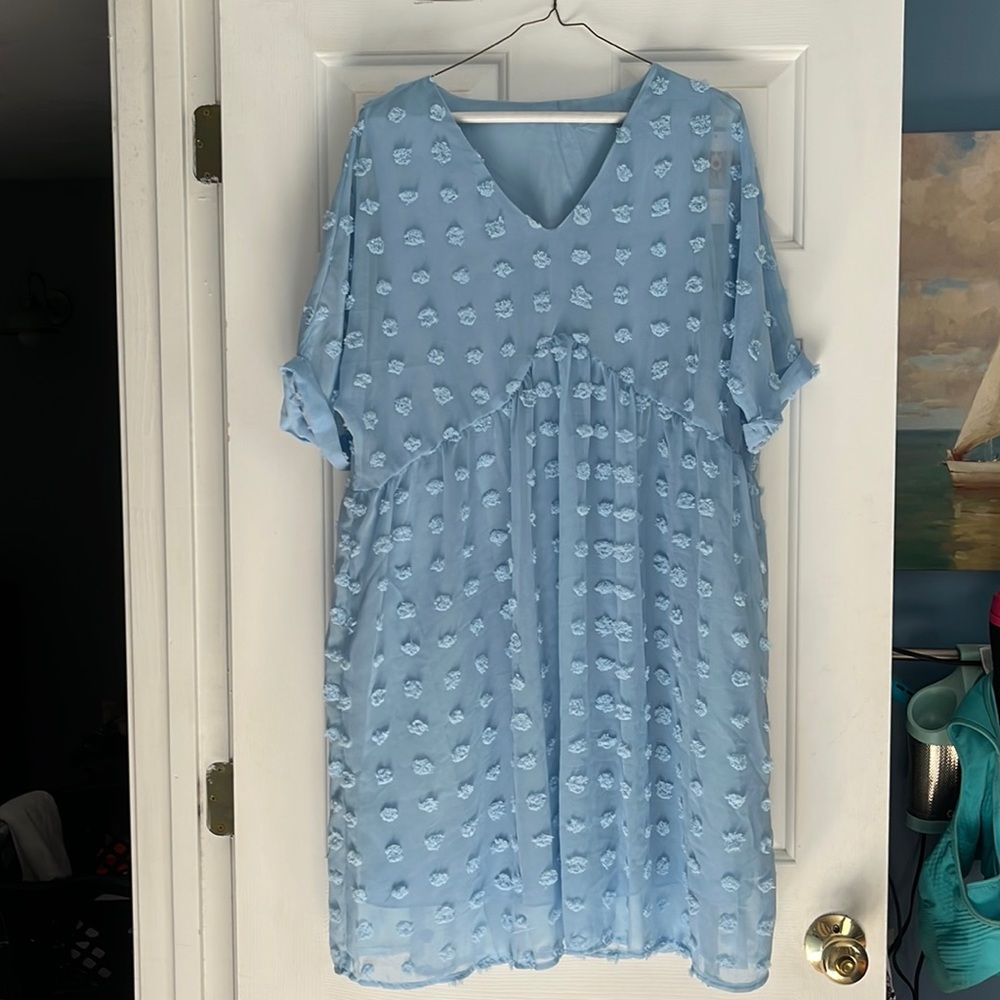 Womens Baby Blue Swiss dot Flowy V Neck mini dress/ Maternity -XL